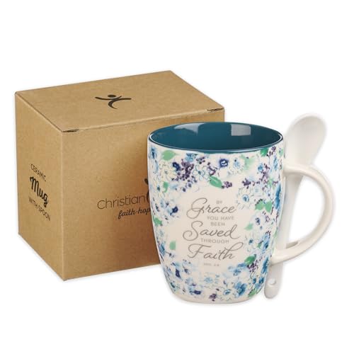 Christian Art Gifts Coffee and Tea Mug with Ceramic Spoon Set for Women - color: Grace/Navy Blue