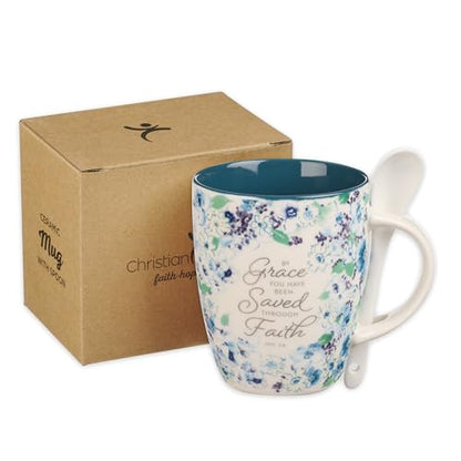 Christian Art Gifts Coffee and Tea Mug with Ceramic Spoon Set for Women - color: Grace/Navy Blue