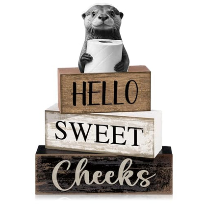 Moucuny 4 Pcs Otter Bathroom Decor Wooden Block Signs Hello Sweet Cheeks - style: Bathroom Otter