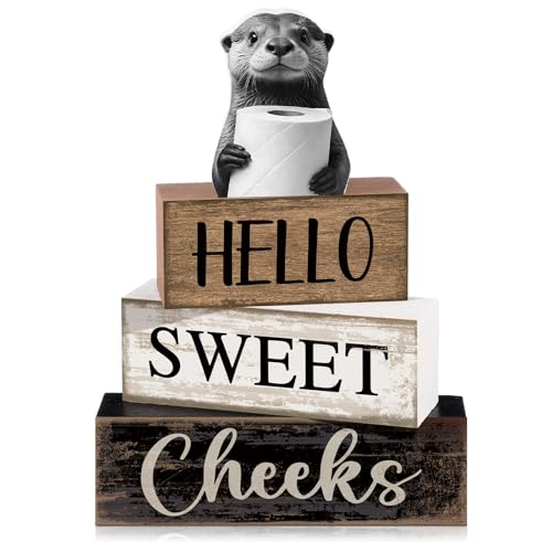 Moucuny 4 Pcs Otter Bathroom Decor Wooden Block Signs Hello Sweet Cheeks - style: Bathroom Otter