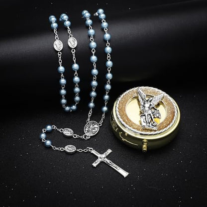 KOMI 6mm Glass Pearl Rosary Beads Catholic for Women with Metal Rosary Box Religious Gifts - style: St Michael-blue