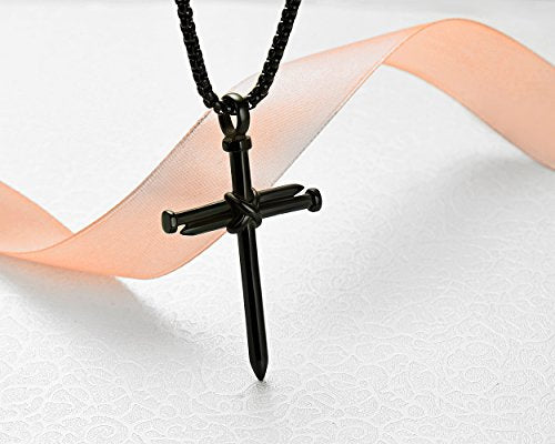 Men's Stainless Steel Nail Cross Pendant Necklace With 24 Inch Chain - color: Black