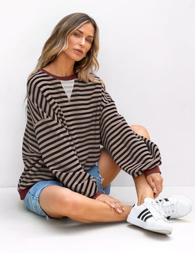 UEU Women Oversized Striped Crewneck Sweatshirt Long Sleeve Casual Pullover - color: Black Coffee Striped, size: X-Large