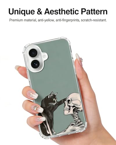 Cat and Skull Phone Case Compatible with iPhone 17, Hippie Creepy Black Cat and Skeleton Phone Cover for iPhone 17 - color: Cat and Skull