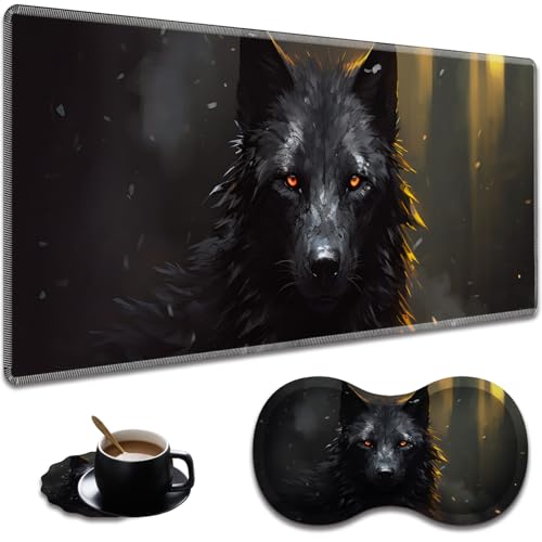 Extended Non-Slip Mouse Pad + Mouse Wrist Rest + Lace-Shaped Coaster Set, Ergonomic Design, Suitable for Desk and Home Gaming Table Mat, Black Wolf - color: Black Wolf