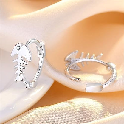 Fishbone Hoop Earrings for Women Gold Silver Plated Fish Skeleton Chic Cubic Zirconia Small Huggie Hoop Earrings for Ocean Sea Nautical Vacation Jewelry Accessories - color: Silver