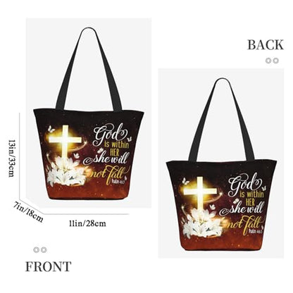 Women's Canvas Tote Bag with Zipper, Large Capacity Shoulder Bag for Work, Travel & Daily Use, Gifts for Mom - color: God is Within Her She Will Not Fall