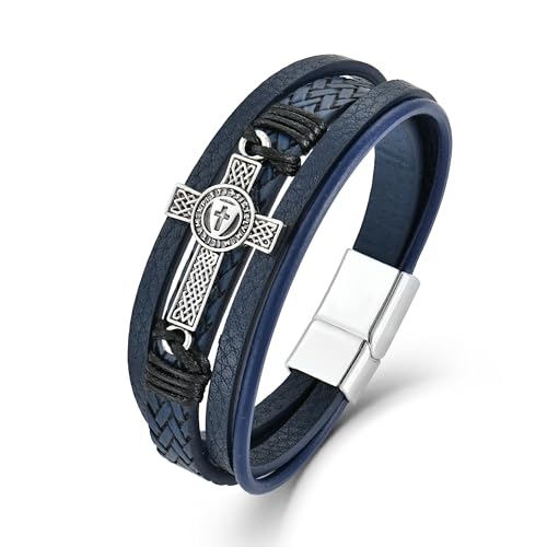 Men's Leather Cross Bracelet Vintage Celtic Knot Shield - color: Blue