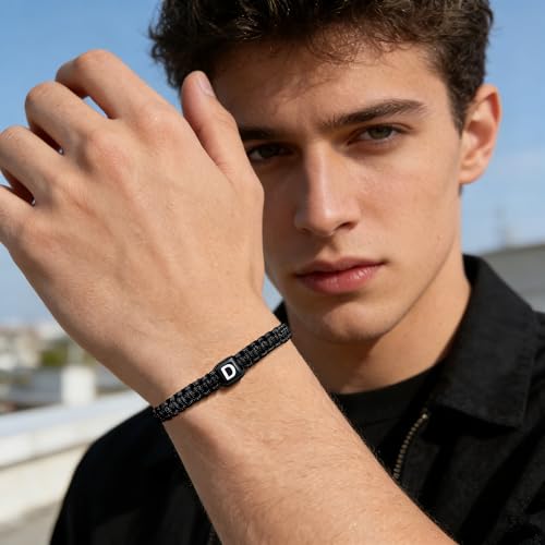 Handmade Letter Initial Bracelets A M K for Women Men Teens Cross Bracelet Black Rope Braided Jewelry Jesus Christian Bracelets Gift - color: D