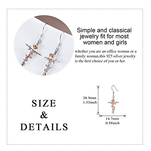 LUHE Sterling Silver Corss/Daisy/Musica Note Dangle Earrings for Women - style: Cross Earrings with Rose