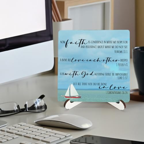 Blue Ocean Sailboat Christian Wooden Sign Desk Decor, Coastal Beach Bible Verses Wood Plaque Sign With Stand for Beach Lake House Home Office Desk Table Shelf Decoration, 5x5 Inch - color: Sailboat Christian, size: 5x5x1.1 in