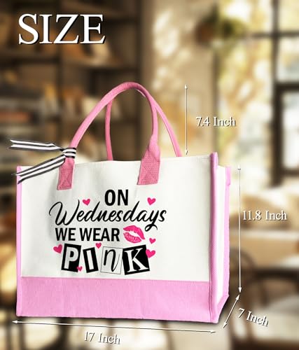 Aesthetic Canvas Tote Bag for Women Girls, Large Tote Bag for Friends Colleagues Leader Manager, 17 x 11.8 x 7 inches - color: Pink
