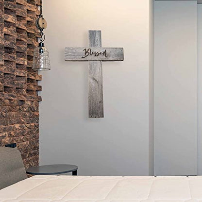 Rockin' Wood Rustic Reclaimed Wood Cross, wall decor handmade in the USA, rustic Christian Home Decor, cross wall decor (Blessed, Large)