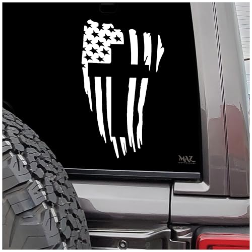 MAZ DISTRIBUTIONS – American Flag Christian Cross Sticker - Vinyl Decal for Car, Truck, and Van – Long Lasting and Indoor and Outdoor Use–Waterproof for Water Cooler-Laptop Decal – White – MAZ- 415 - color: White