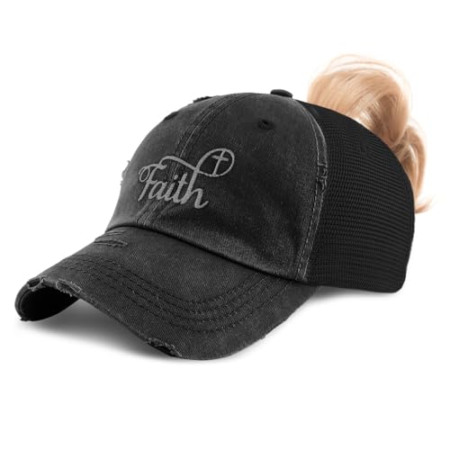 Ponytail Cap Women's Baseball Cap Embroidered Faith Christian Cross Faith Jesus Christ Cotton - color: Black Design Only