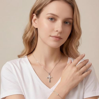 Sterling Silver Cross Necklace for Women 925 Sterling Silver Polished Curved Cross Pendant Necklace Handmade Crosses Religious Jewelry Gift