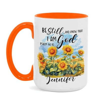 Custom Bible Verse Mug With Name, Religious Coffee Mug For Women, Personalized Christian Ceramic Cup, Accent Mug 11Oz Or 15Oz, Customized Sunflower Design Mug, Gift For Birthday - color: TRI-1223-1146-KNOW THAT I AM GOD MUG