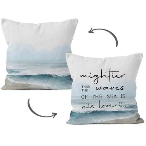 HIWX Christian Coastal Beach Pillow Covers 18x181 Pack, Christian Gifts for Women, Mightier Than the Waves of the Sea Bible Verse Decorative Pillow Covers for Couch Bed Home Bedroom Decor - color: Mightier, size: 18" x 18" (Pack of 1)