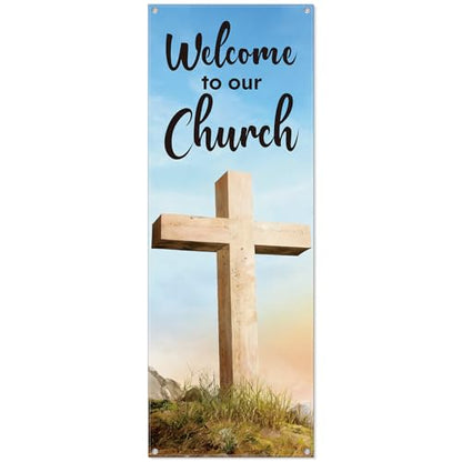 Hahafelt Welcome to Our Church Banner for Church 24 x 72 Inch Easter Adjustable X-Stand Banner Lent Ceremonies Religious Decorations Jesus Resurrection Banners for Christian Churches Supplies - size: 24 x 72 Inches, style: Welcome To Our Church,