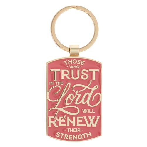 Christian Art Gifts Novelty Scripture Keychains for Women: Large Rectangular Medallion Engraved Keyrings, Multicolor Designs - color: Trust in the Lord/Coral Pink & Gold