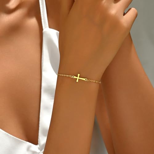 18K Gold Plated Pearl Beaded Cross Bracelets for Women Adjustable - color: Satellite Cross-Gold