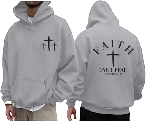 Men Faith Over Fear Christian Cross Graphic Pullover Hoodie - color: Grey, size: Medium