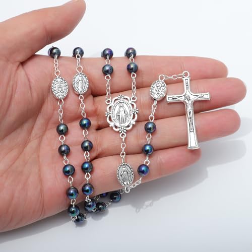KOMI 6mm Glass Pearl Rosary Beads Catholic for Women with Metal Rosary Box Religious Gifts - style: Virgn Mary-black