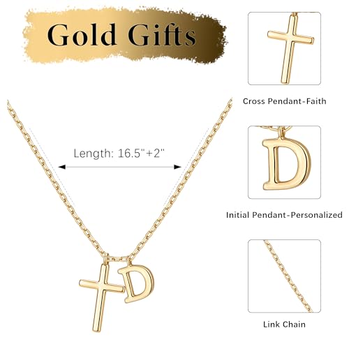Cross Initial Necklace for Women, 14K Gold Plated Dainty Cross & Letter(A-Z) Pendant Necklace, Personalized Monogram Letter Christian Jewelry,Baptism First Communion Confirmation Easter Gift - color: D