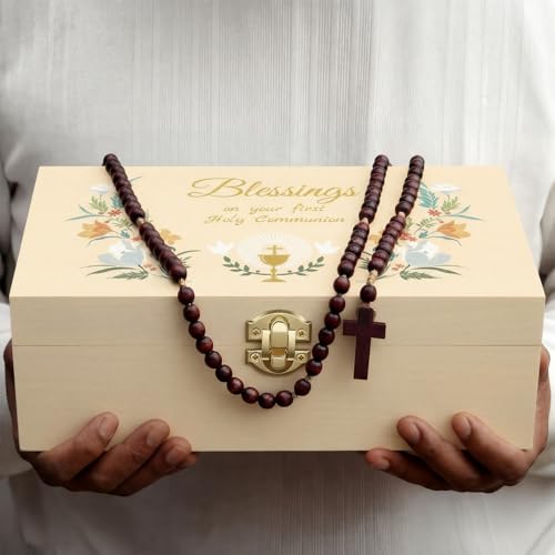 CroBlissful First Communion Wooden Box Keepsake Baptism Memory Box Gift 8.6 x 5.1 x 2.4 Inches First Holy Communion Jewelry Storage for Baptism Memory Keepsake(Floral) - style: Floral