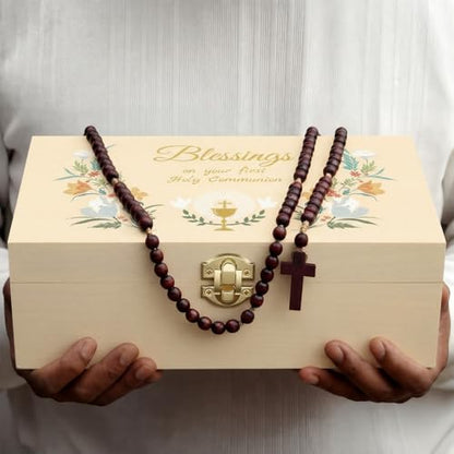 CroBlissful First Communion Wooden Box Keepsake Baptism Memory Box Gift 8.6 x 5.1 x 2.4 Inches First Holy Communion Jewelry Storage for Baptism Memory Keepsake(Floral) - style: Floral