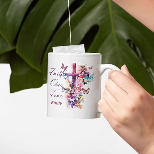 Custom Christian Faith Ceramic Cup, Floral Cross And Butterfly Design Mug, Personalized Name Motivational Cup, Christian Bible Verse Mug Gifts, Customized Christian Coffee Cup 11oz 15oz - color: HOA-624-2157-FAITH OVER FEAR MUG