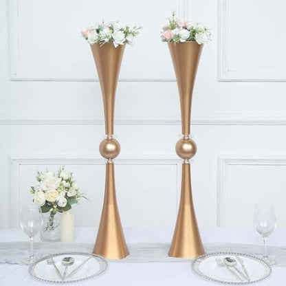 Efavormart 2 Pack | 31" Gold Crystal Embellishment Trumpet Table Centerpiece, Reversible Plastic Flower Vase - color: Gold, size: 31"