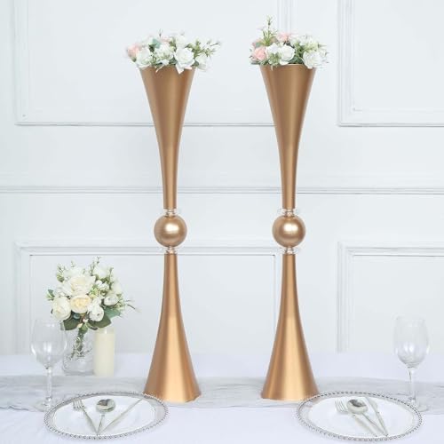 Efavormart 2 Pack | 31" Gold Crystal Embellishment Trumpet Table Centerpiece, Reversible Plastic Flower Vase - color: Gold, size: 31"