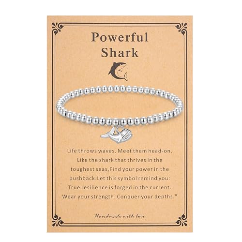 morniface Beaded Bracelet for Women, Handmade Stretch Bracelet with Charms, Dainty Stackable and Trendy Jewelry Gift - style: Silver Beaded-shark