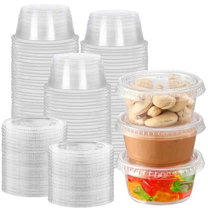 100 sets - 2 oz Jello Shot Cups With Lids,Clear Disposable Plastic with Lids,Souffle Cups, Salad Dressing Container, Airtight and Stackable