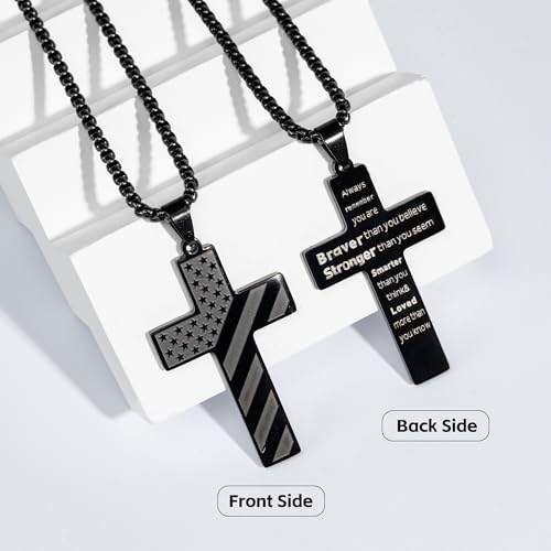 American Flag Cross Necklace for Men, Christian Confirmation Baptism Gifts - color: Black, style: Brave Strong