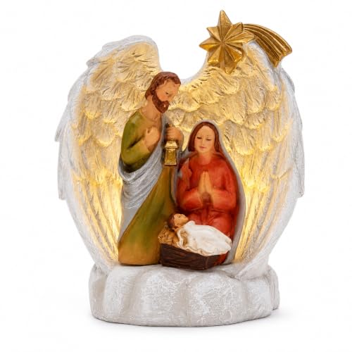 Wowser Lighted Holy Family Under Angel Wings Figurine, LED Nativity Christmas Decoration, Religious Christian Tabletop Holiday Décor, Resin Freestanding Christmas Display, 3.75 Inch