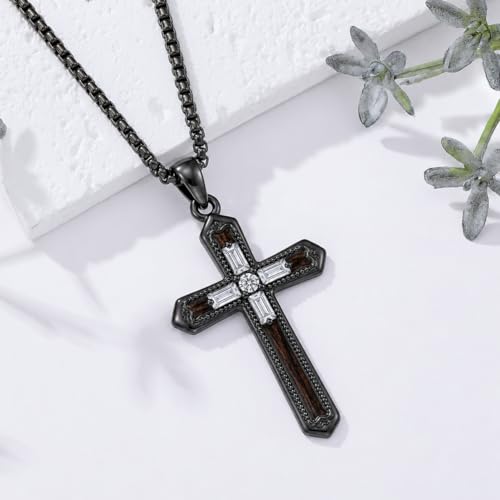 Cross Necklace for Men 925 Sterling Silver Cross Ebony Wooden Ankh Raven Praying Hands Crucifix Amulet Religious Jewelry Gifts for Men Women - color: Cross18
