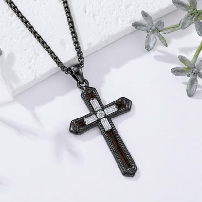 Cross Necklace for Men 925 Sterling Silver Cross Ebony Wooden Ankh Raven Praying Hands Crucifix Amulet Religious Jewelry Gifts for Men Women - color: Cross18