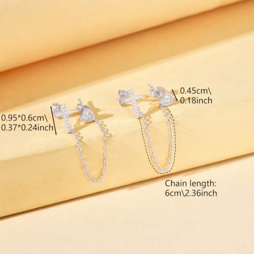 925 Sterling Silver Cross Heart Chain Stud Earring for Women - color: silvery