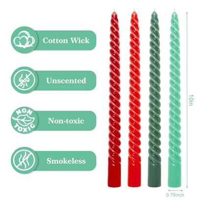 Whaline 8Pcs 10 Inch Christmas Spiral Taper Candles Red Green Dripless Twisted Wax Candles Long Unscented Candle Sticks for Xmas Home Party Supplies - color: Christmas