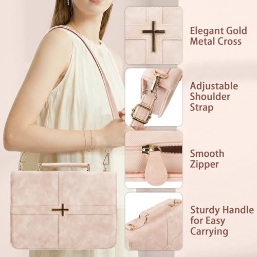 Classic Leather Bible Cover Case with Cross Design and Handle & Shoulder Strap for Women, Durable Bible Study Supplies Organizer Carrying Bag, Christmas Gifts for Christians with Gift Box（Pink - color: Pink( With Strap)