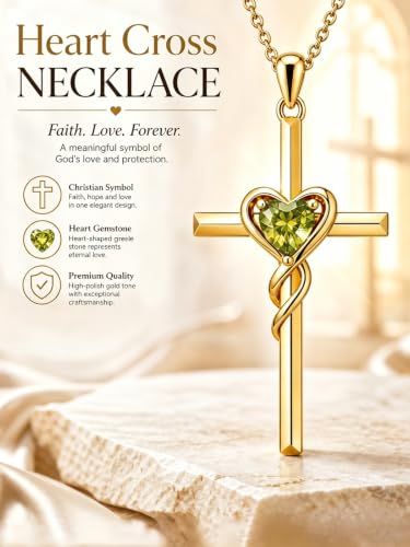 Birthstone Cross Necklace for Women 14K Gold Plated Heart Infinity Cross Pendant Necklace Christian Religious Jewelry Anniversary Birthday Gifts for Wife Mom Her - color: Aug/Peridot