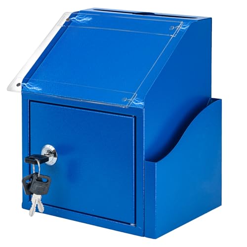 Suggestion Box with Slot and Lock, Secure Metal Ballot Box for Donation or Comment Collection, Wall Mounted or Countertop Donation Boxes for Fundraising, For Office, School, or Event Use (Blue) - color: Blue
