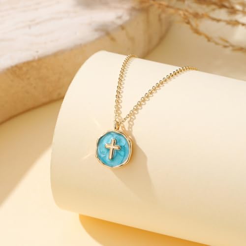 Gold Enamel Mini Cross Necklace Tiny Mother of Pearl Cross Necklace Religious Christian Gift for Baptism First Communion Christmas - color: bless this girl cross necklace-blue
