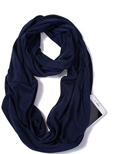 elzama Infinity Loop Solid Color Scarf With Hidden Zipper Pocket For Women - Lightweight Travel Neck Wrap - color: 06-navy Blue
