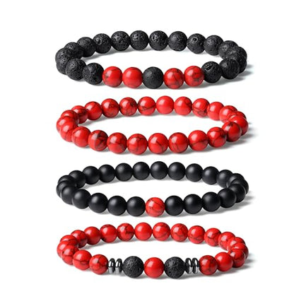 Mens Beaded Bracelets, 8MM Beaded Bracelets for Men, Natural Tiger Eye Bead Bracelet, Stretch Elastic Beads Bracelets for Men - color: 4 black red turquoise volcanic