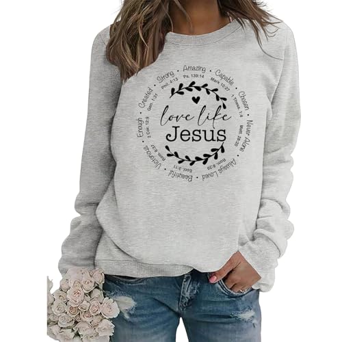 Christian Sweatshirts for Women Jesus Long Sleeve Graphic Shirts - color: Grey, size: Large