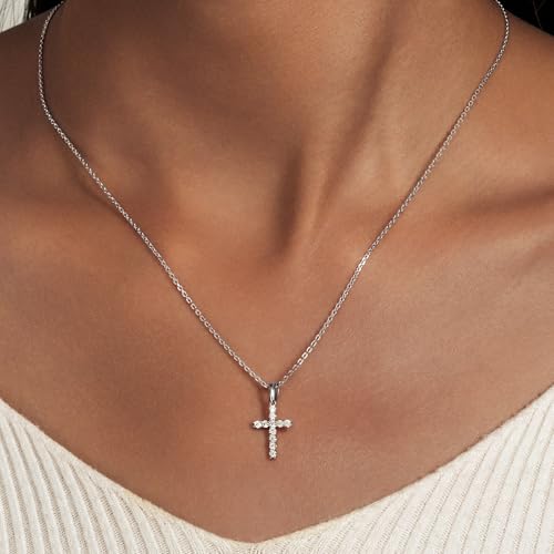 LANE WOODS Moissanite Small Cross Necklace for Women: Dainty Tiny 14K Gold Plated Sterling Silver Pendant Simulated Diamond Layered Chain Necklace Minimalism Jewelry - style: 1-Silver