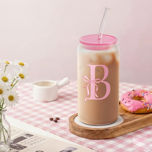 SANDJEST Monogrammed Glass Drinking Can Cup with Acrylic Lid and Straw, Personalized Frosted Iced Coffee Tumbler 16oz, Monogram Initial Gifts for Women Girls on Birthday (B) - color: B